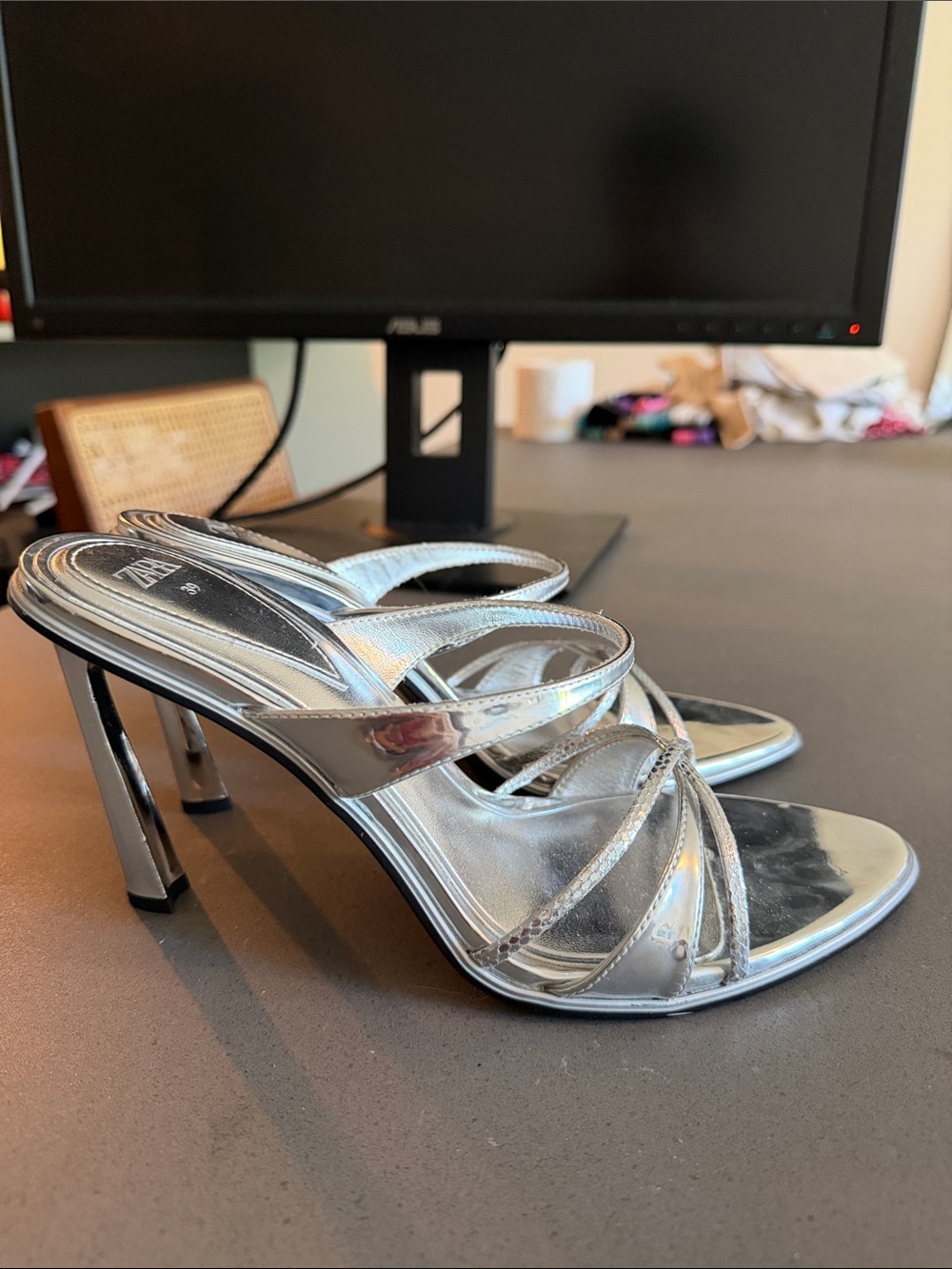 Zara Metallic Silver Strappy High Heel Mules
